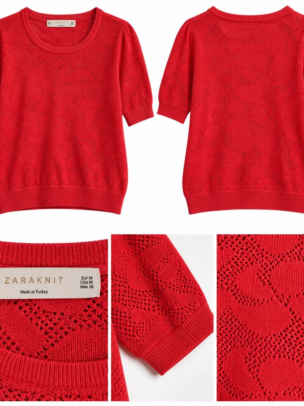ZARAKnit Red Openwork Short Sleeve Sweater ā Size Medium